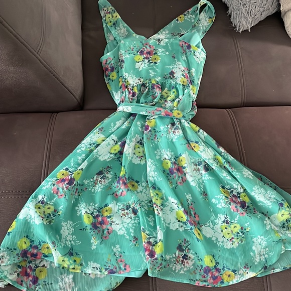 LC LAUREN CONRAD Teal with Flower Design Sleeveless Summer Dress Size 4 - Picture 7 of 9